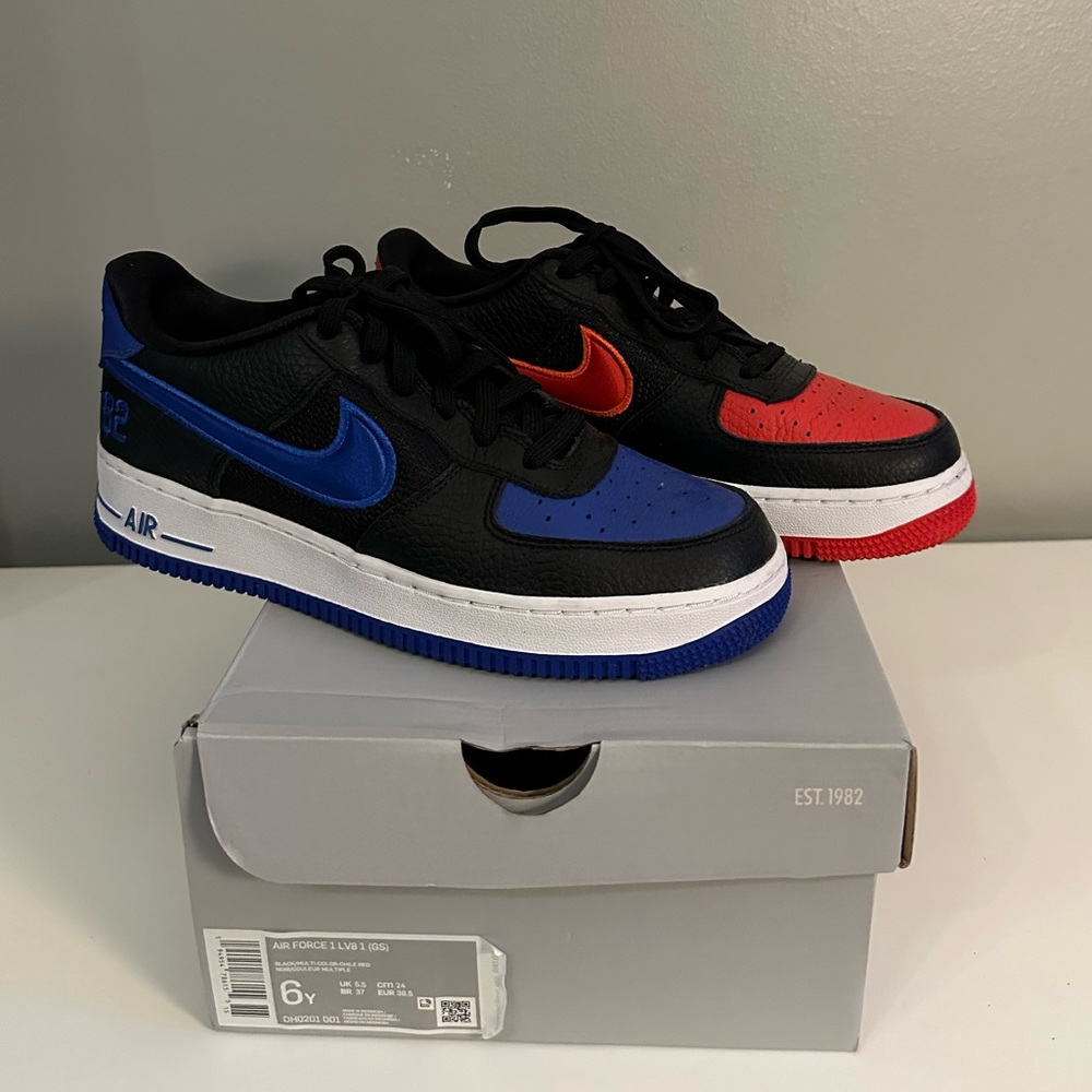 Nike Air Force 1 LV8 1 Black Multi-Color Red Blue DH0201-001 GS 6Y